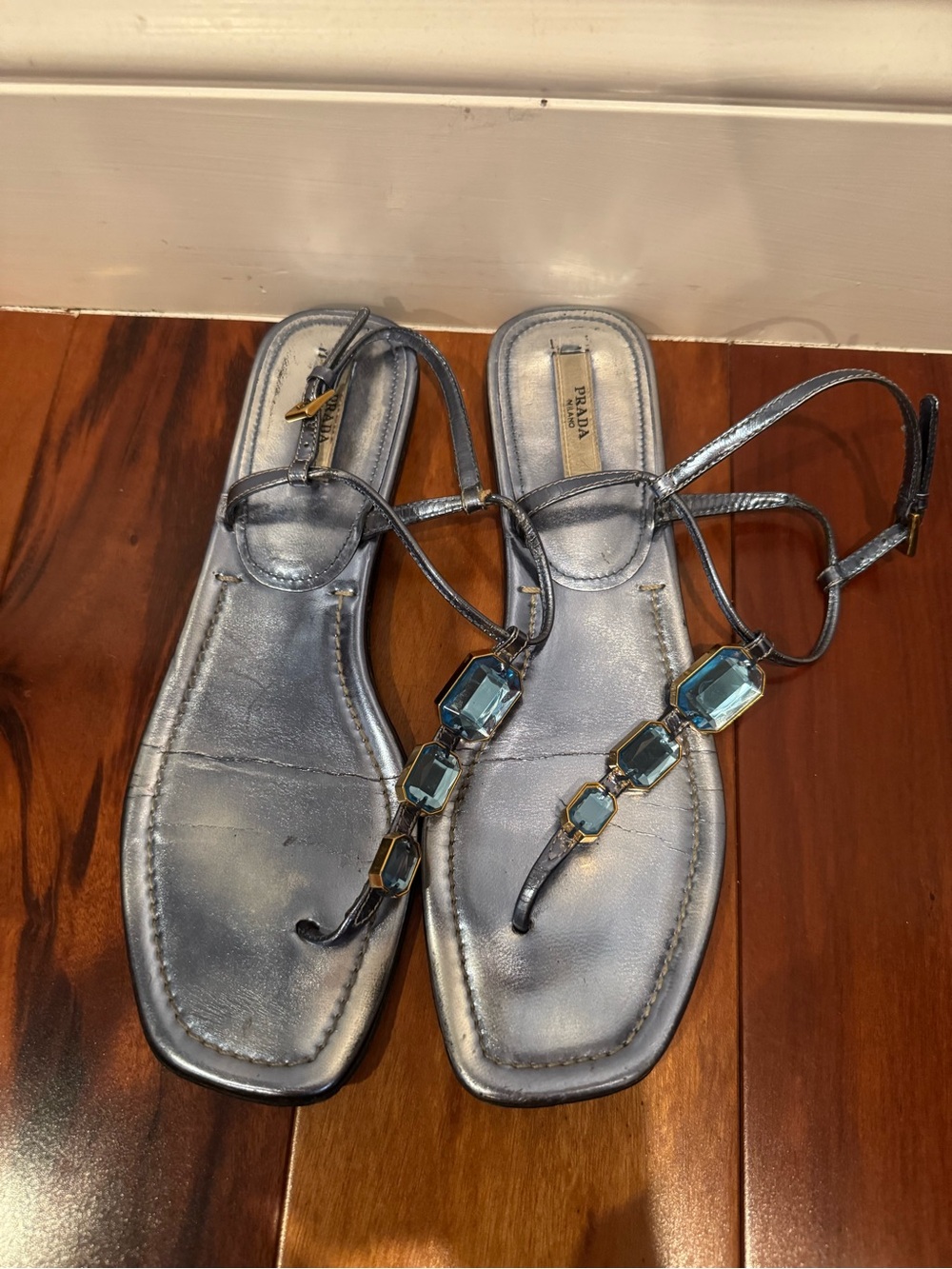 Prada Metallic Blue Crystal T-Strap Sandals with Jewel Accents
